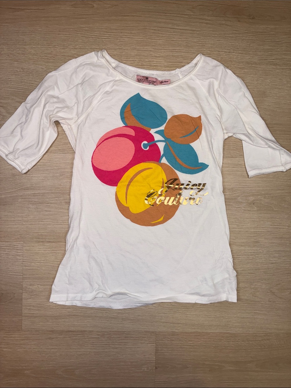 Juicy Couture White Tee with Pink, Yellow & Teal Fruit Graphic